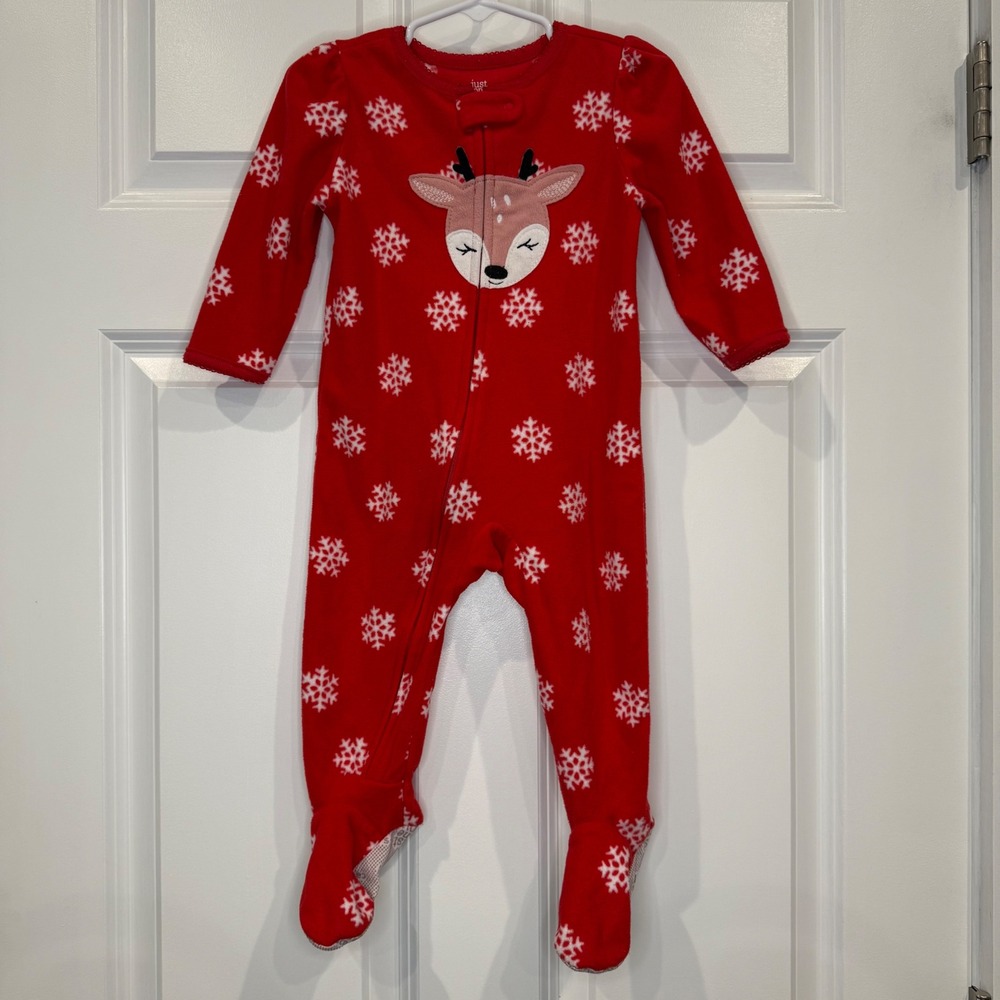 Carter's Red Snowflake Reindeer Fleece Footed Pajamas Size 12 Months